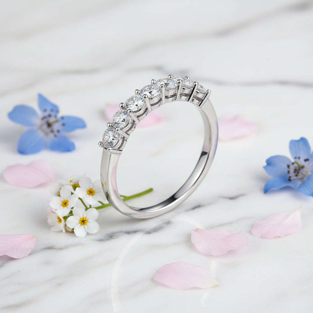 French Eternity Seven 0.7 Carat Moissanite Diamond Ring set in 18K White Gold Plated 925 Silver