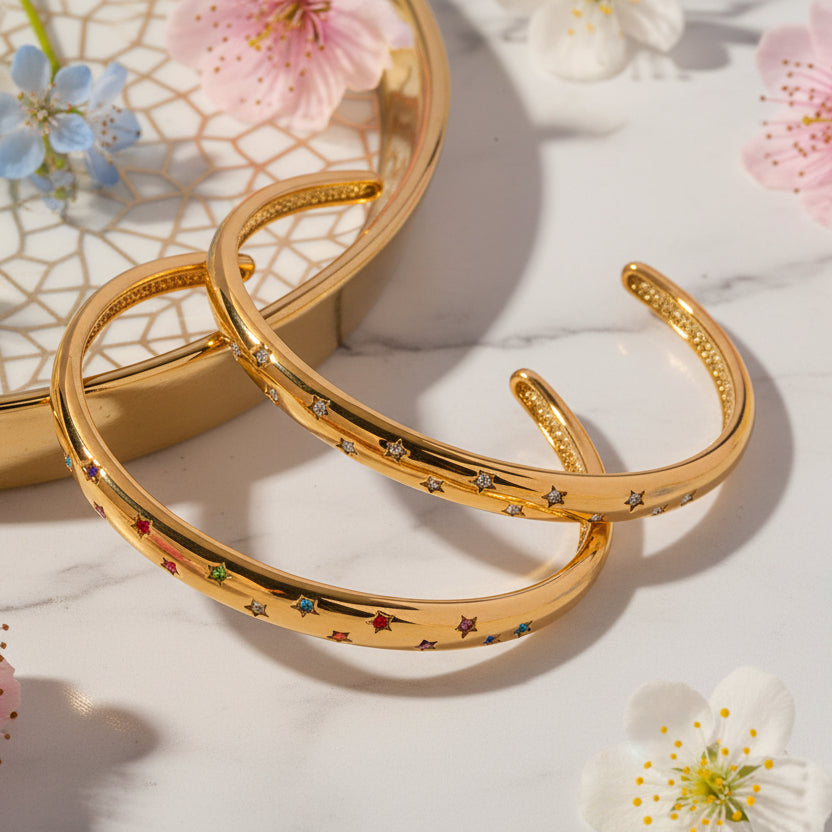 Geometry Inspired Star Pattern Natural Zircon Gemstones Bracelet set in 18K Gold Plating