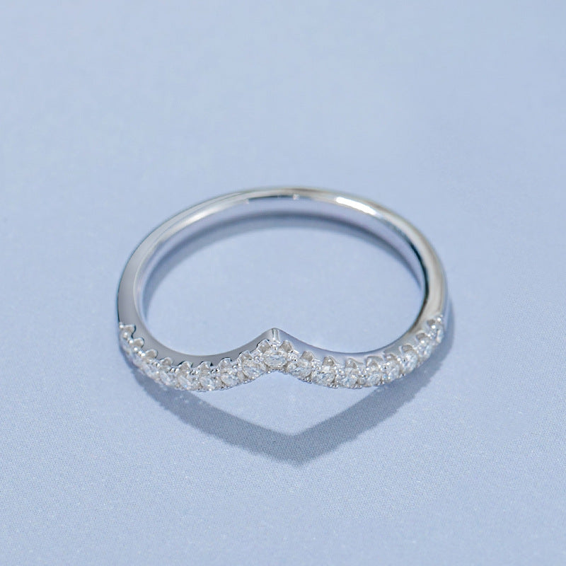 French V-Shape/Round Pavé Micro Inlay Moissanite Ring set in 18K White Gold Plated 925 Silver Capella Jewellery