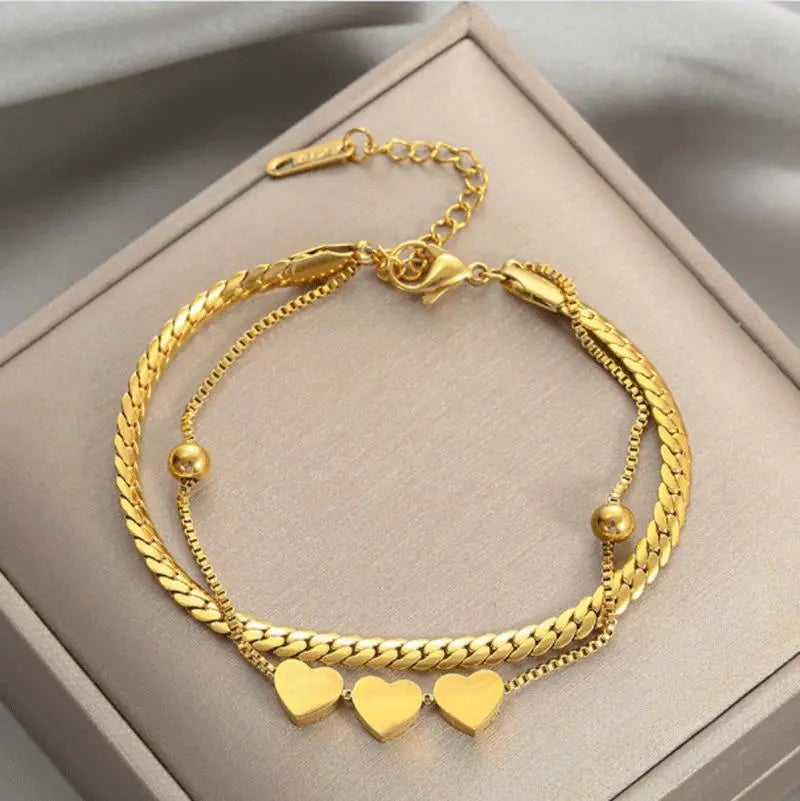 Italian Three Hearts Inspired Multi-layer Winding Hand Rope Love Bracelet set in 18K Gold Plating Capella Jewellery