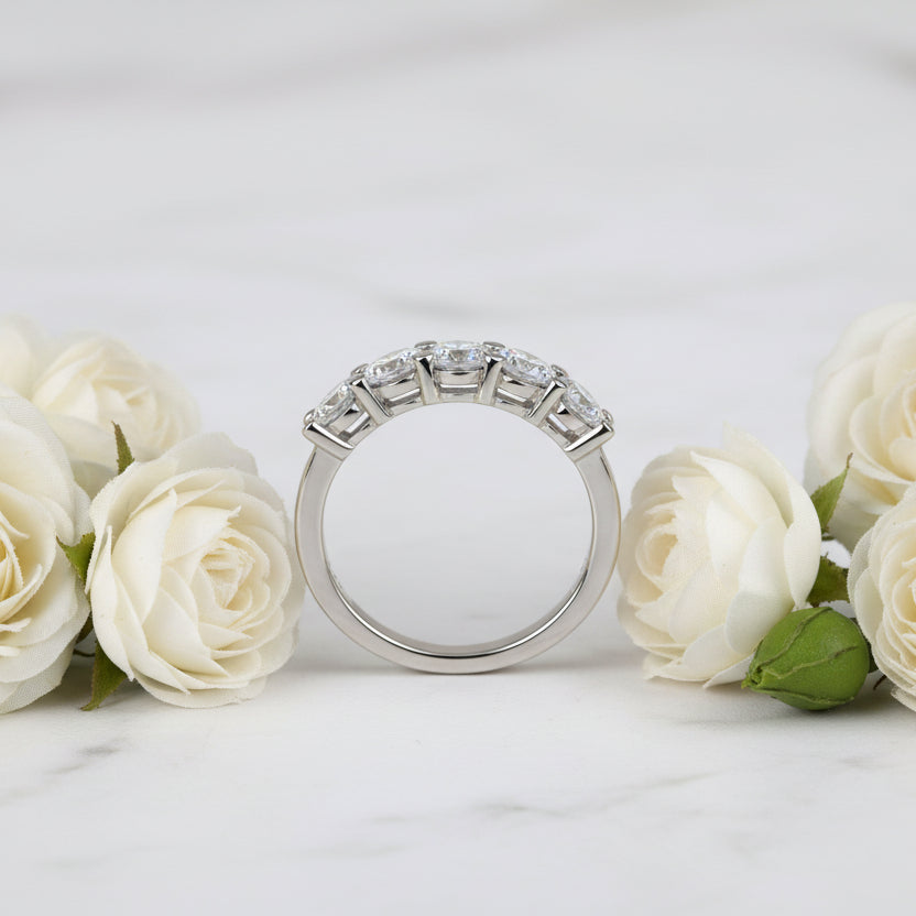 American Five Star Row Design 1.5 Carat Moissanite Diamond Ring set in Platinum Plated 925 Silver