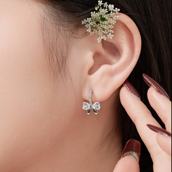 Bow Inspired Micro Inlaid Natural Zircon Gemstone Earrings set in Platinum Plated 925 Silver