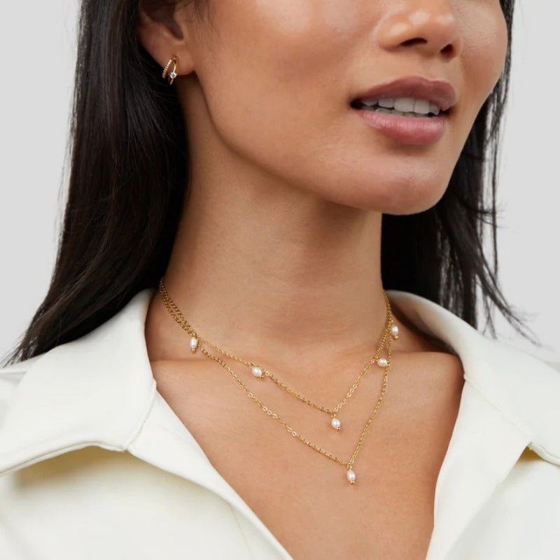 Elegant Italian Design Real Natural Pearl Double Layer Twin Necklace set in 18K Gold Plating Capella Jewellery