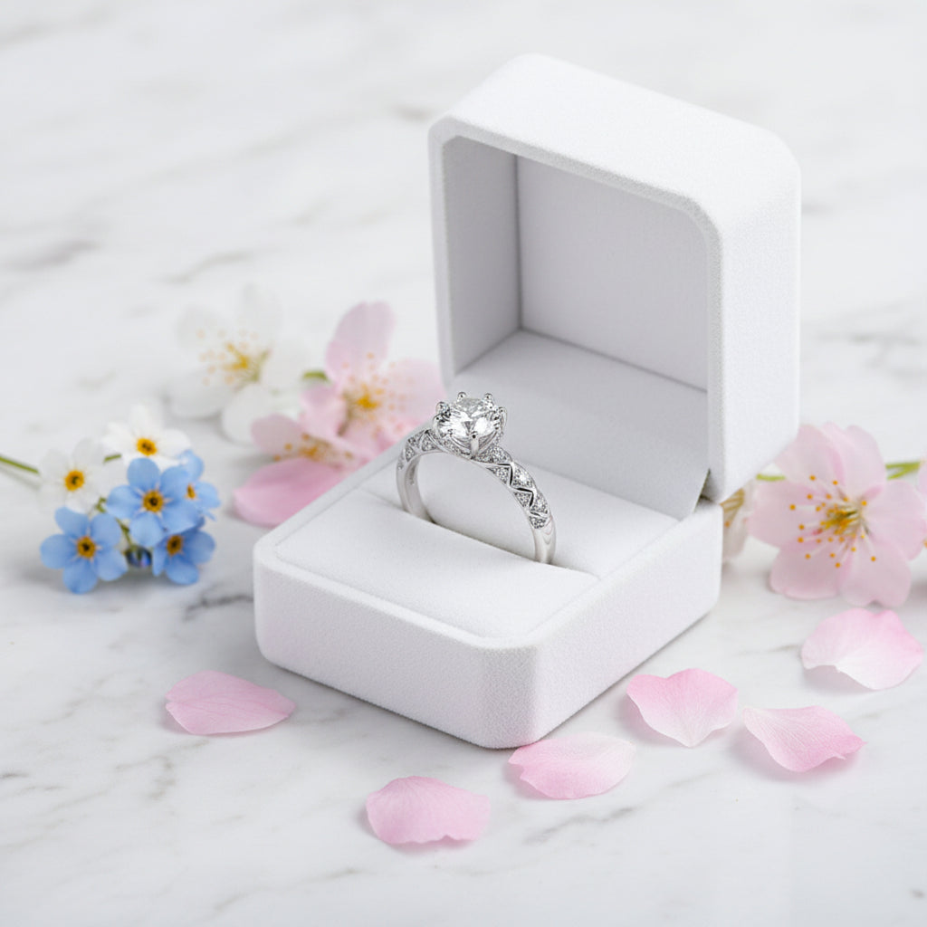 Japanese Solitaire 1 Carat Moissanite Diamond Ring set in 18K White Gold Plated 925 Silver (GRA)