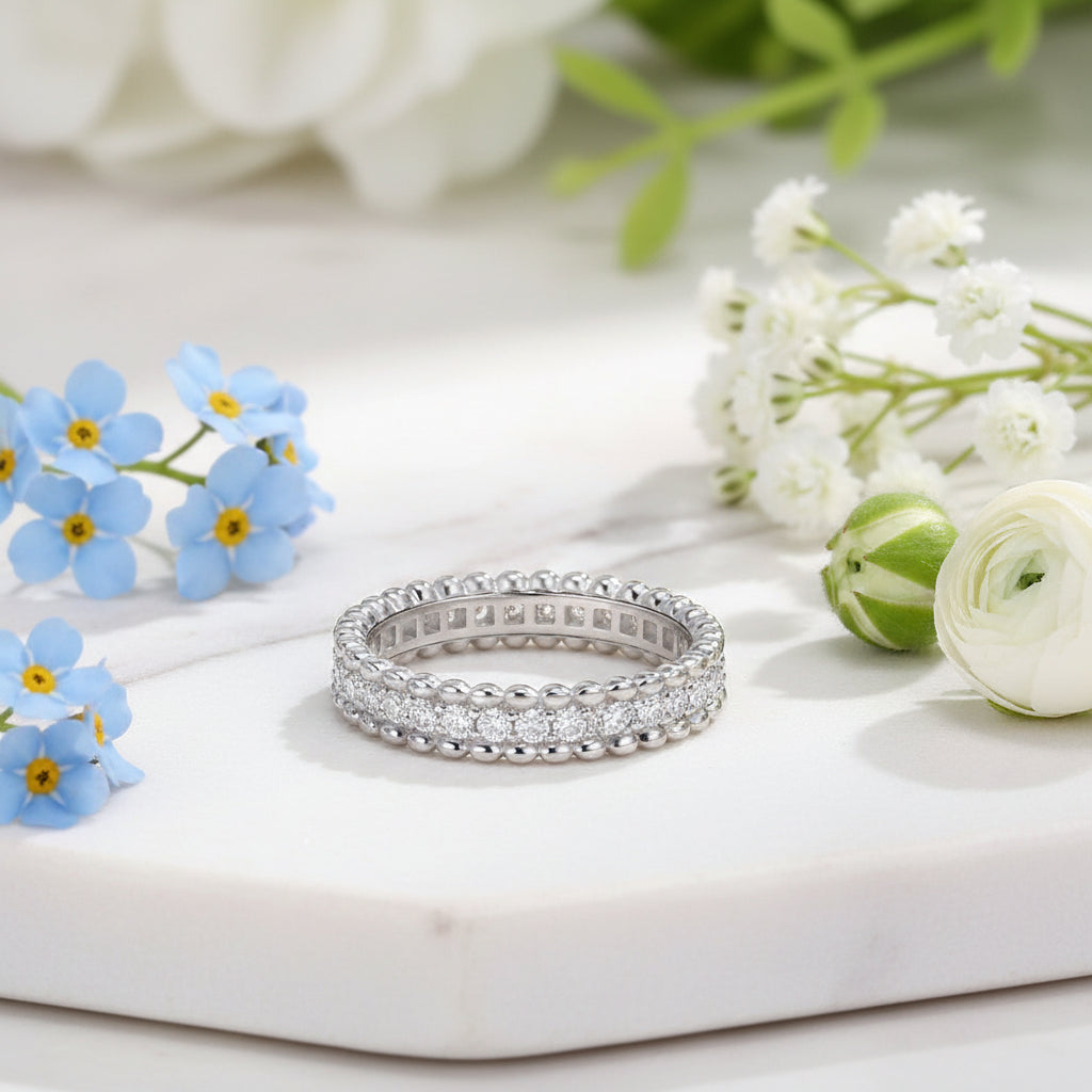 Italian Bead Edge Ring Pave 0.7 Carat Moissanite Diamond set in Platinum Plated 925 Silver (GRA)