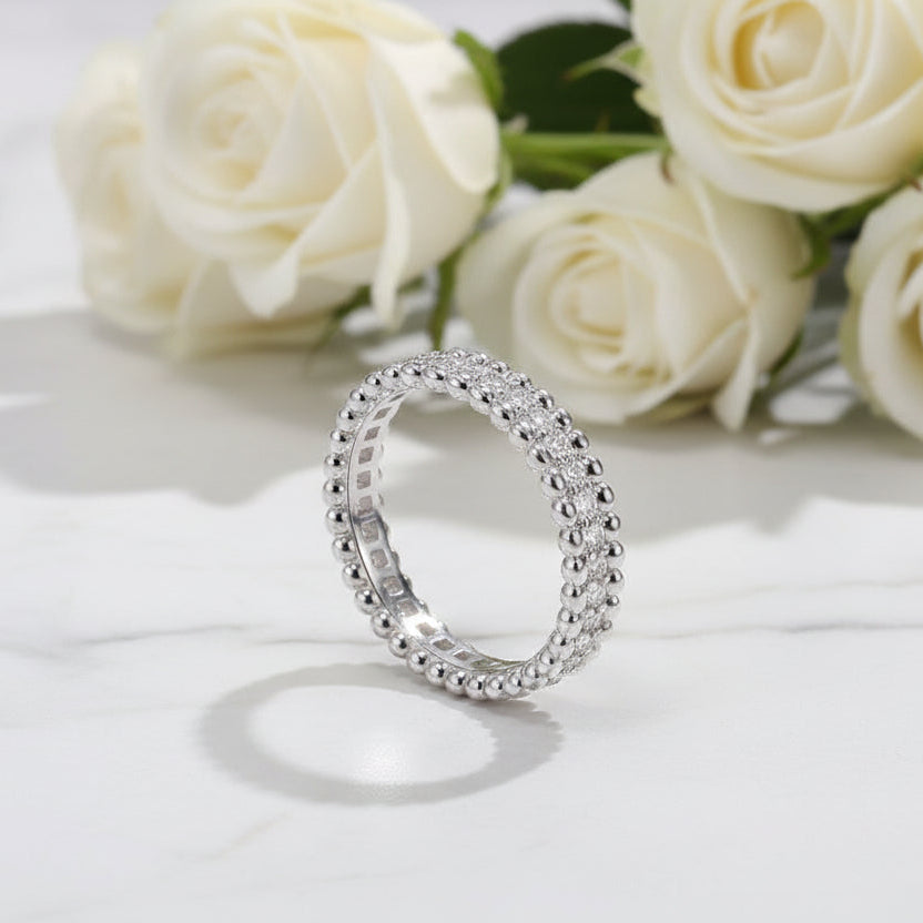 Italian Bead Edge Ring Pave 0.7 Carat Moissanite Diamond set in Platinum Plated 925 Silver (GRA)