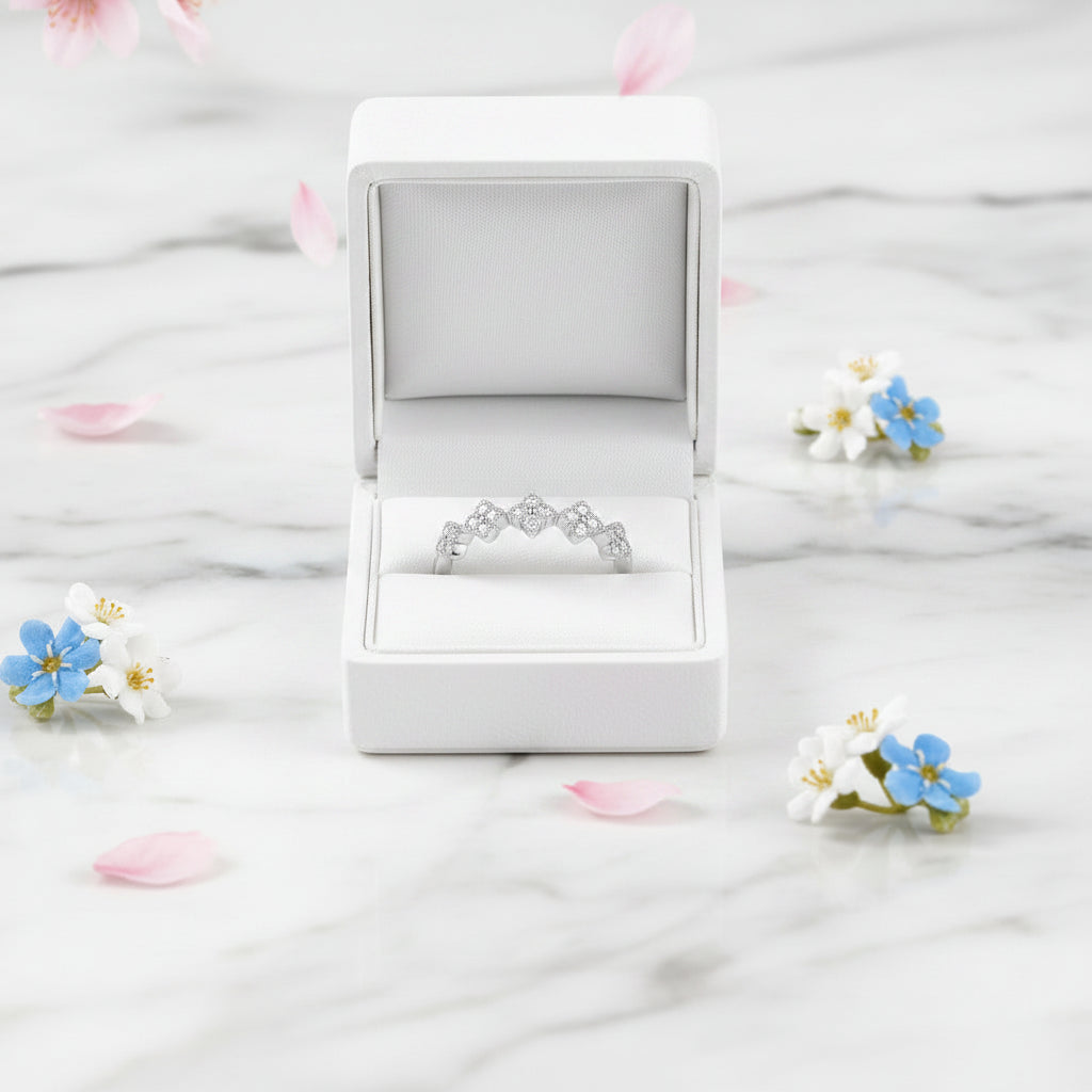 Five Four-Leaf Clover Micro 0.65 Carat Moissanite Diamond Ring set in Platinum Plated 925 Silver