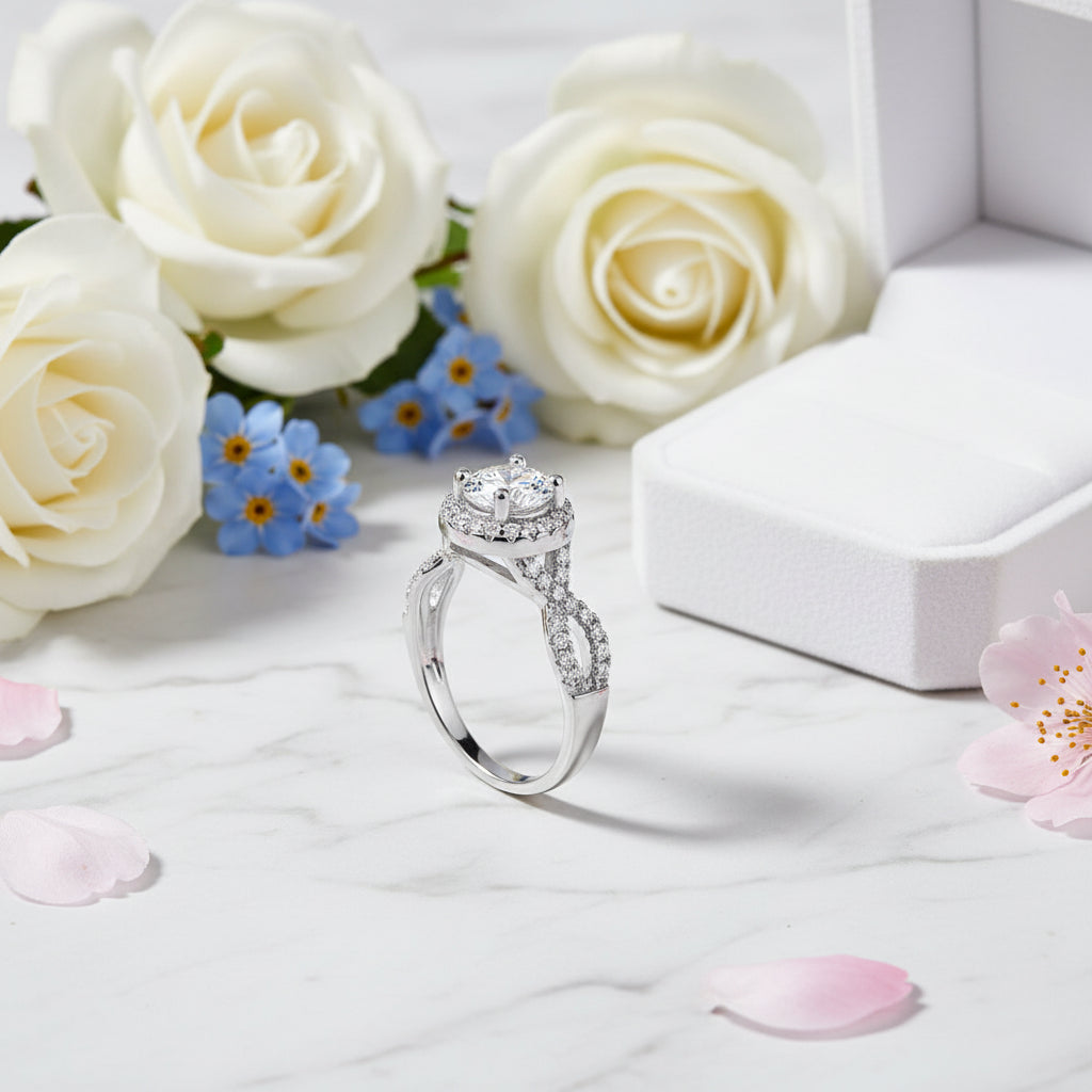 Romantic Italian Design 1 Carat Natural Zircon Gemstone Ring set in 18K White Gold Plated 925 Silver