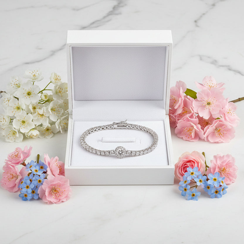French Tennis Bracelet set in Full Pave (3mm) Natural Zircon Gemstones 18K White Gold Plating Capella Jewellery