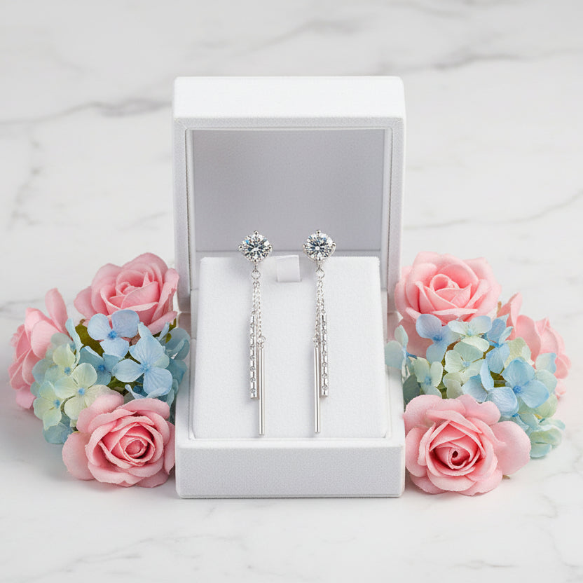 French Long Tassel Design 2 Carat Moissanite Diamond Earrings set in 925 Sterling Silver (GRA)
