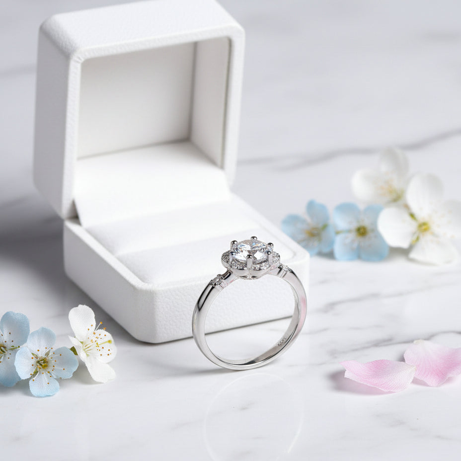 Classic French Flower 1 Carat Moissanite Diamond Ring set in Platinum Plated 925 Silver (GRA)