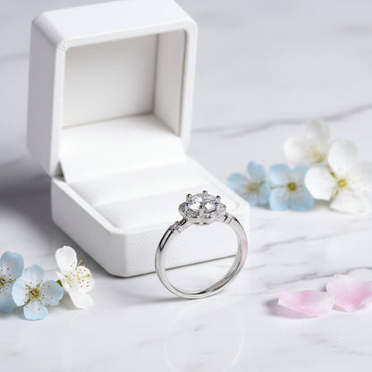 French Halo Inspired Pavé Flower Solitaire 1 Carat Moissanite Ring set in Platinum Plated 925 Silver (GRA) Capella Jewellery