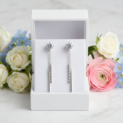 French Long Tassel 2 Carat Moissanite Earrings set in Platinum Plated 925 Silver (GRA) Capella Reya in a box close up