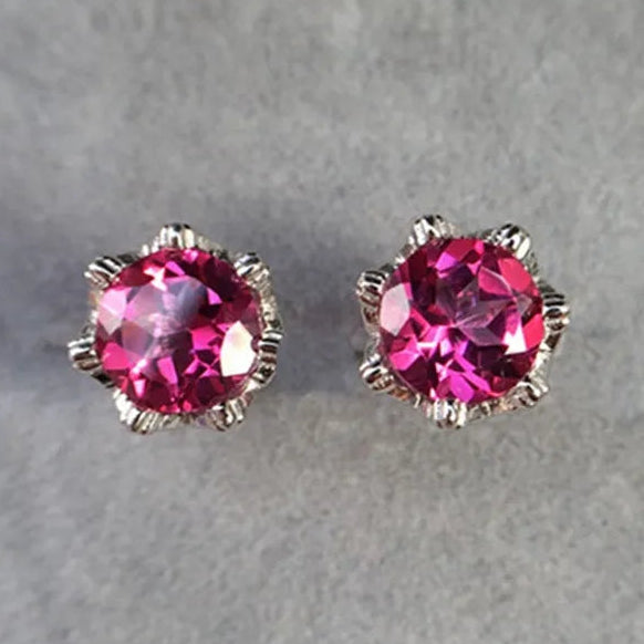 Pink Royal Crown 6mm Topaz Gemstone Earrings set in 18K White Gold Plated 925 Sterling Silver Capella Jewellery