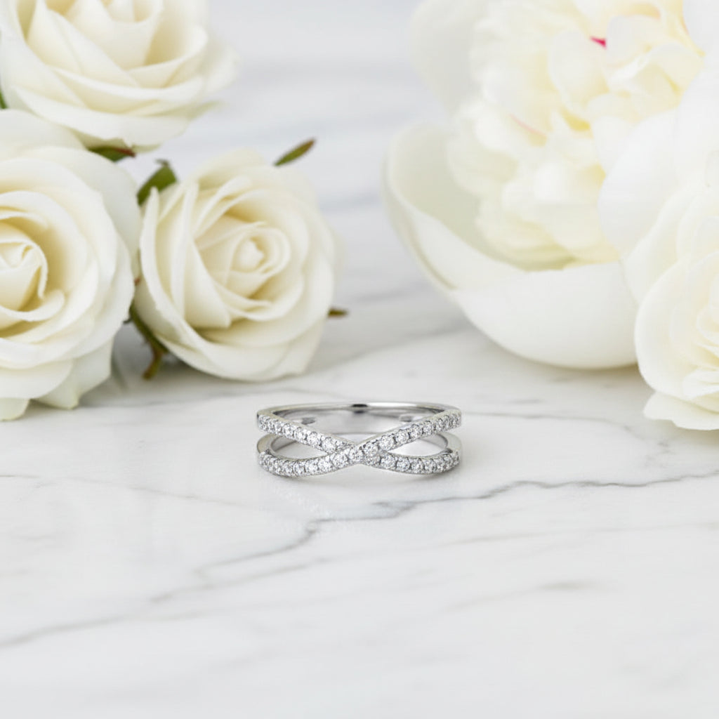 European Twin Band Design 0.4 Moissanite Diamond Ring set in Platinum Plated 925 Silver