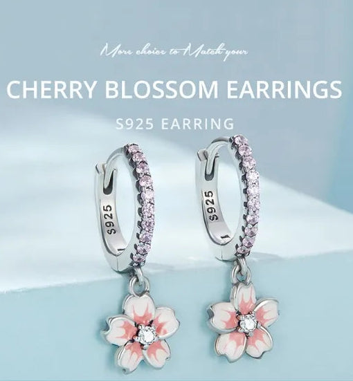 Japanese Design Sakura Cherry Blossom Natural Zircon Gemstone Earrings set in 925 Silver