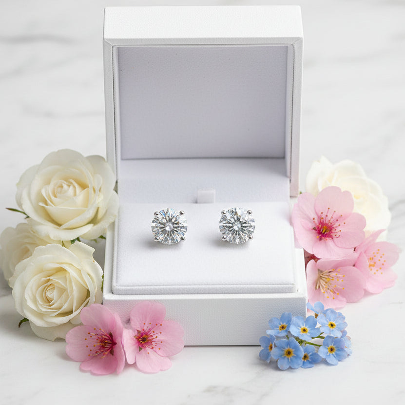 Classic Four-Claw 4 Carat Moissanite Diamond Earrings set in 18K Gold Plated 925 Silver (GRA)