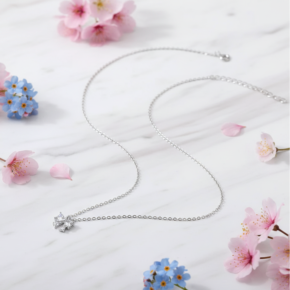 European Princess Bow Micro Natural Zircon Gemstone Pendant Necklace set in Pure 999 Silver Capella Jewellery