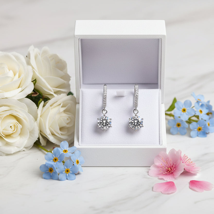 European Six Claw 2 Carat Moissanite Diamond Earrings set in Platinum Plated 925 Silver (GRA)