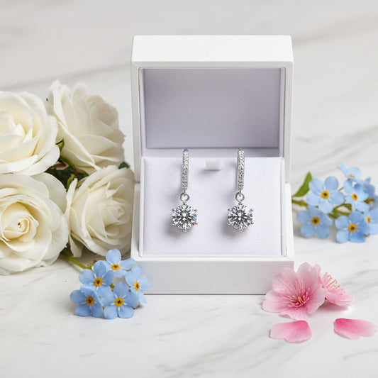 European Six Claw 2 Carat Moissanite Diamond Earrings set in Platinum Plated 925 Silver (GRA)