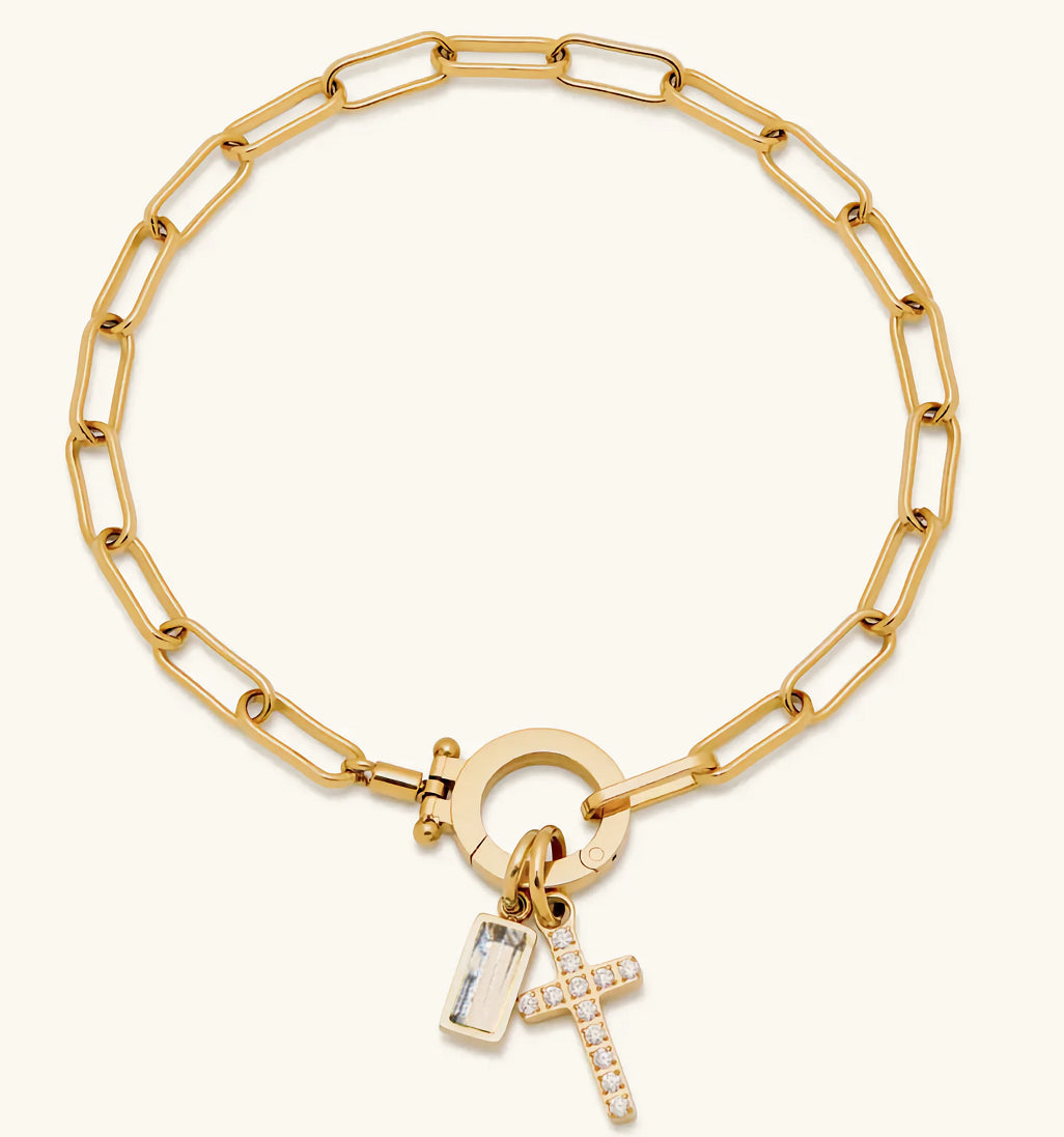 Holy Christian Cross Birth Stone Natural Zircon Gemstone Charm Bracelet set in 18K Gold Plating Capella Jewellery