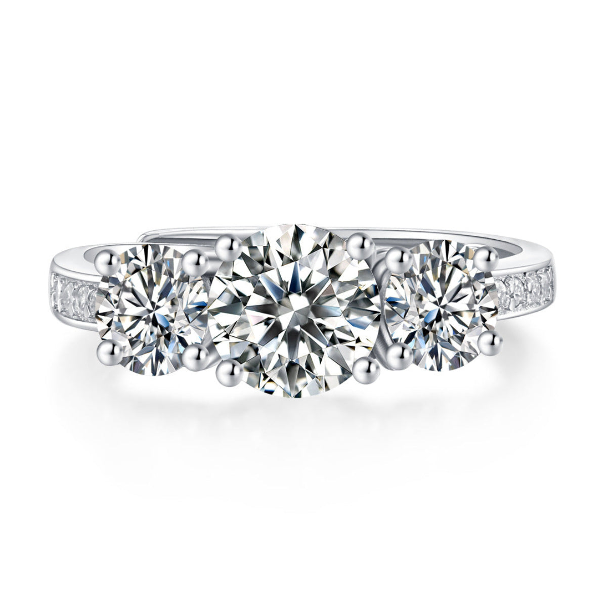 European Three Round 1 Carat Moissanite Diamond Ring set in 18K White Gold Plated 925 Silver (GRA)