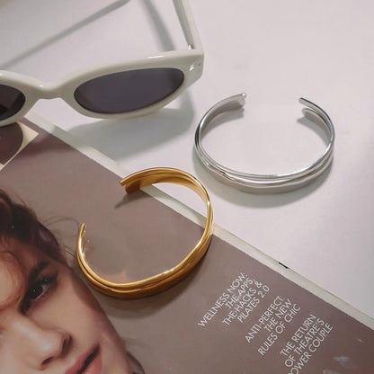 Simple French Chic Designed Twin Wave Open-Ended Bangle Bracelet set in 18K Gold Plating Capella Jewellery