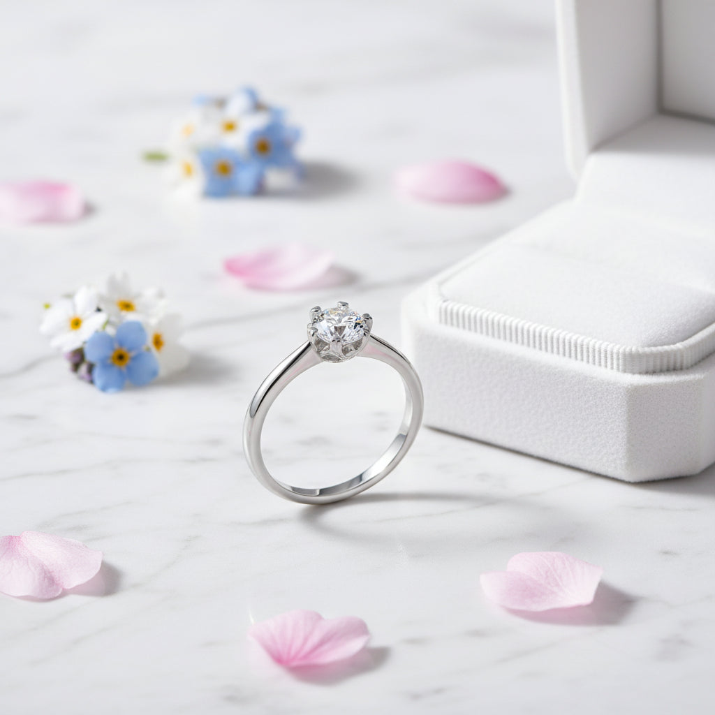 Hearts & Arrows Solitaire 0.5 Carat Moissanite Diamond Ring set in Platinum Plated 925 Silver (GRA)