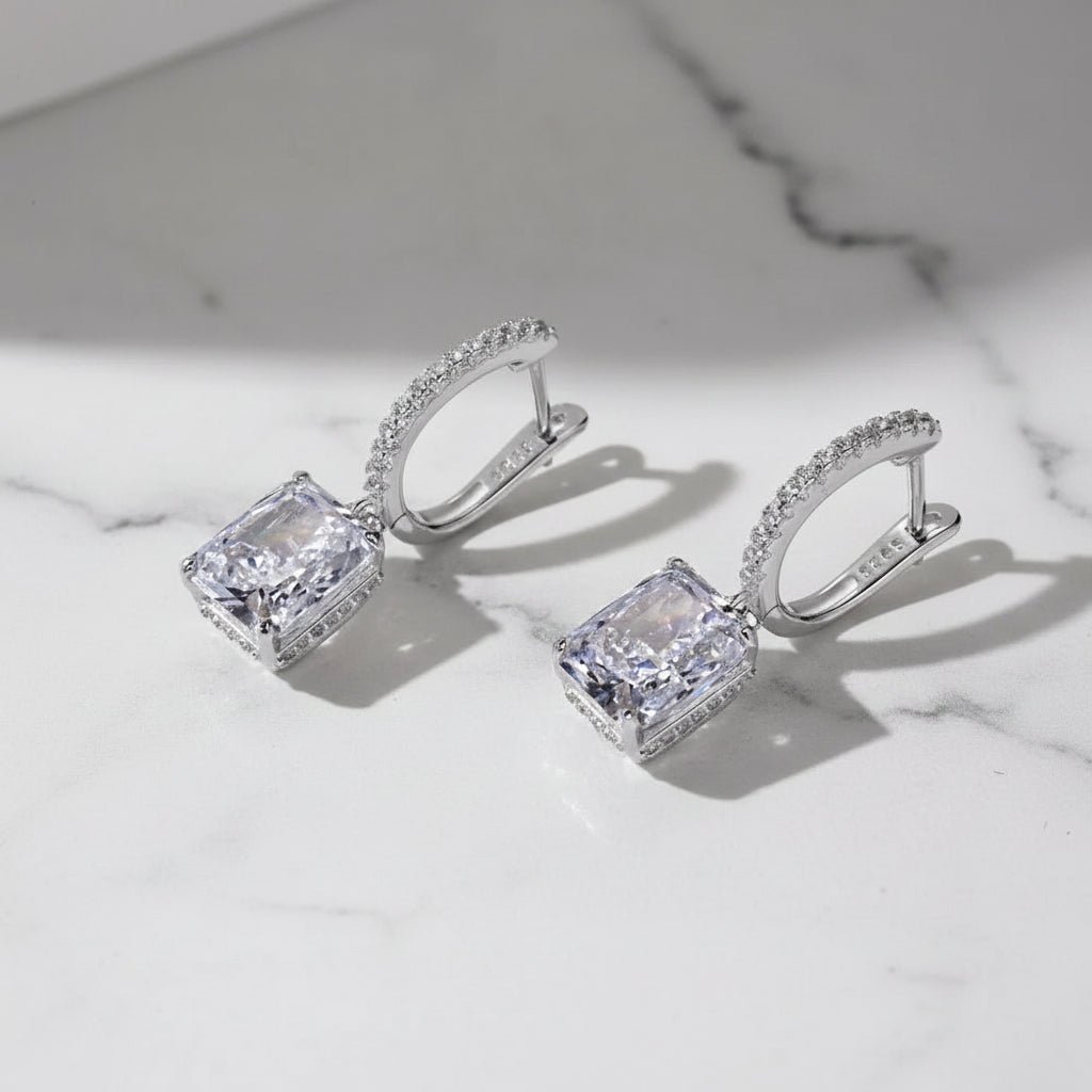 Modern Lock Inlaid 2 Carat Natural Zircon Gemstone Earrings set in 925 Sterling Silver