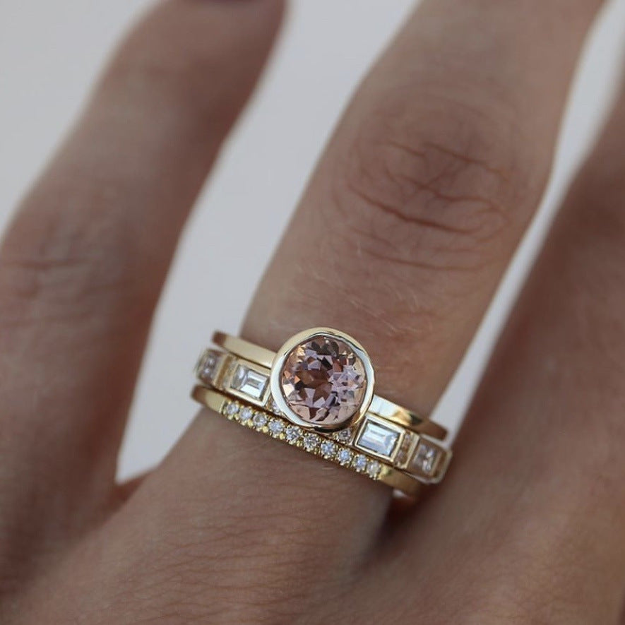 18K Gold Plated Women's Champagne Ring with Zircon Diamonds Three-piece Set