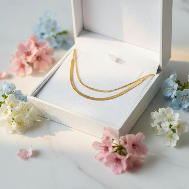 Classic Snake Bone Double-layer Necklace set in 18K Gold Plated 925 Sterling Silver