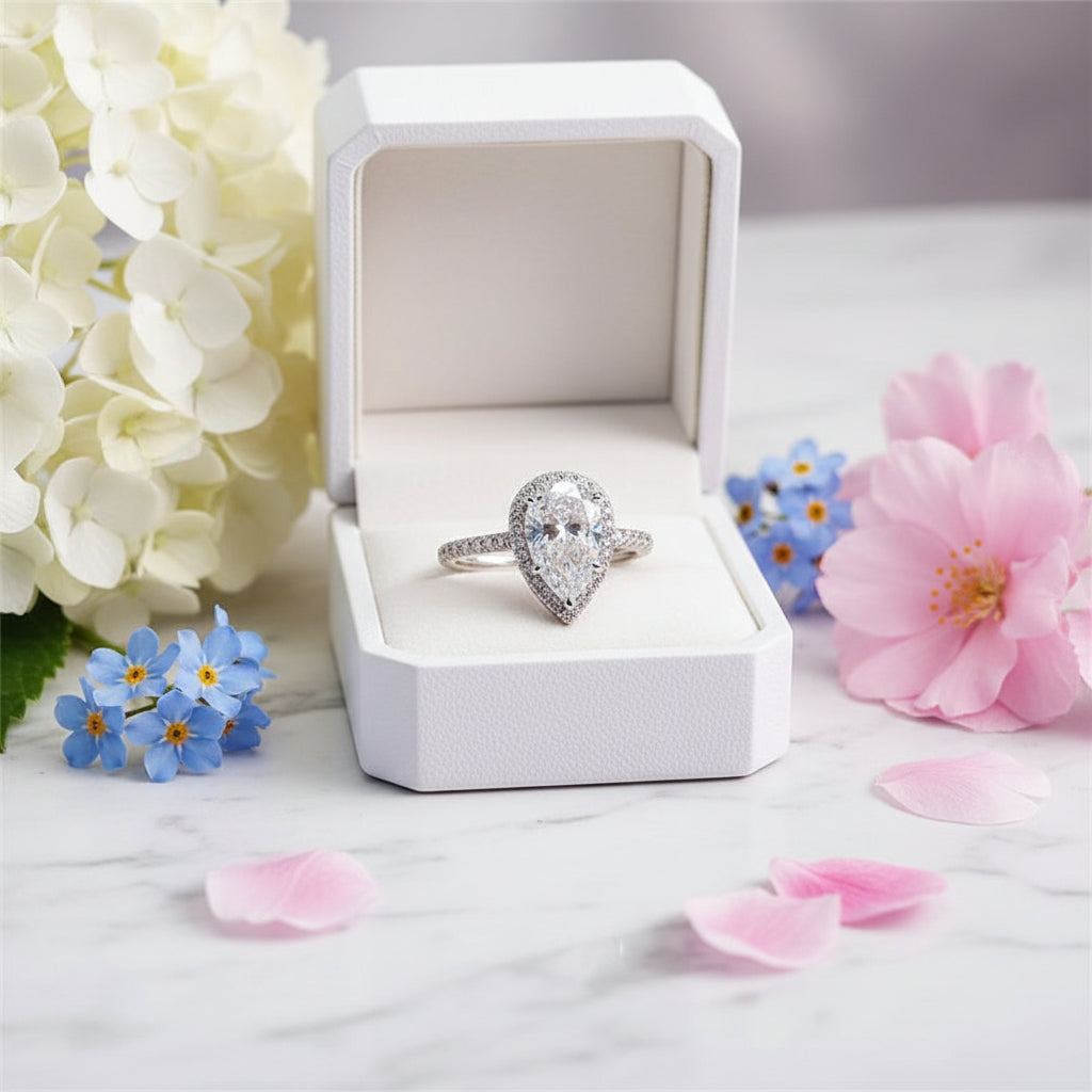French Teardrop Pavé-set 2 Carat Moissanite Diamond Ring set in 18K White Gold Plated 925 Silver