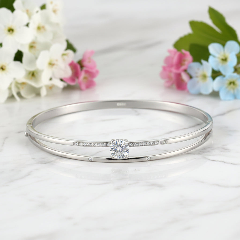 Double Layer Solitaire Natural Zircon Gemstone Bracelet set in 925 Sterling Silver