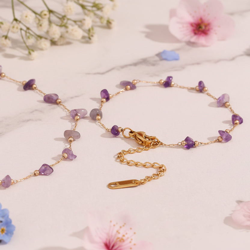 Amethyst Handmade Necklace and Bracelet set in 18K Gold Plating