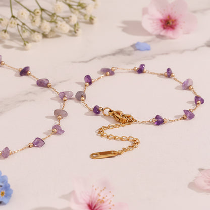 French Summer Purple Amethyst Handcrafted Necklace and Bracelet set in 18K Gold Plating Capella Jewellery
