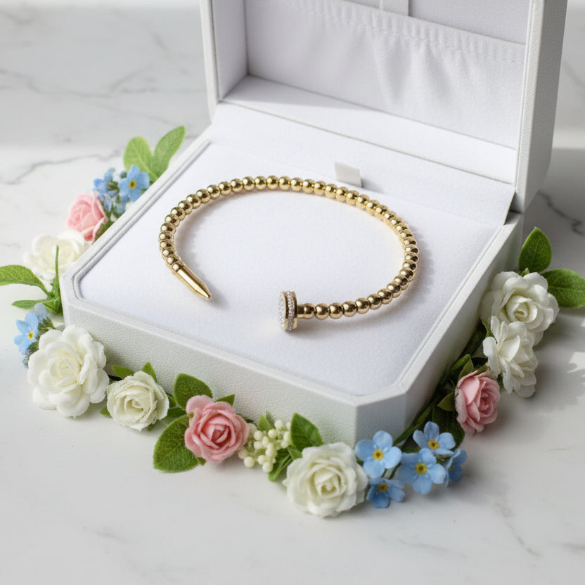 Modern Twist Nail-Studded Natural Zircon Gemstone Bangle Bracelet set in  18K Gold Plating