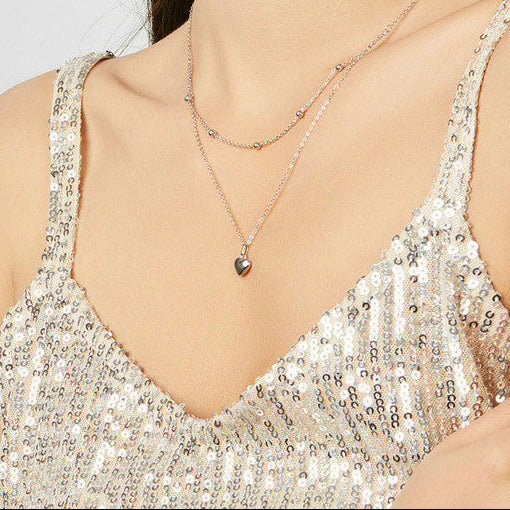 Silver Heart Twin Layer Necklace set in 18K White Gold Plated 925 Sterling Silver