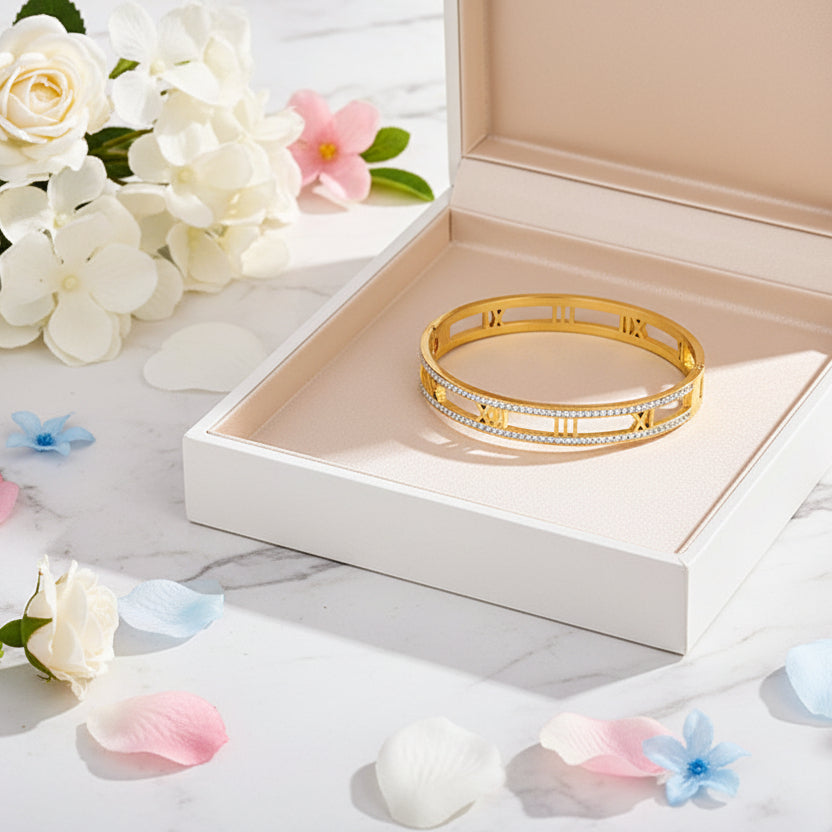 Roman Numerals Micro-Inlay Natural Zircon Gemstone Bracelet set in 18K Gold Plating