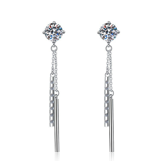 French Long Tassel 2 Carat Moissanite Diamond Earrings set in Platinum Plated 925 Silver (GRA)