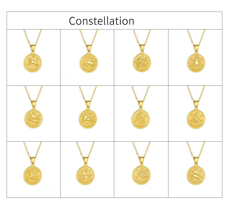 Italian Design Zodiac Sign Gold Roman Coin Pendent Necklace set in 18K Gold Plating