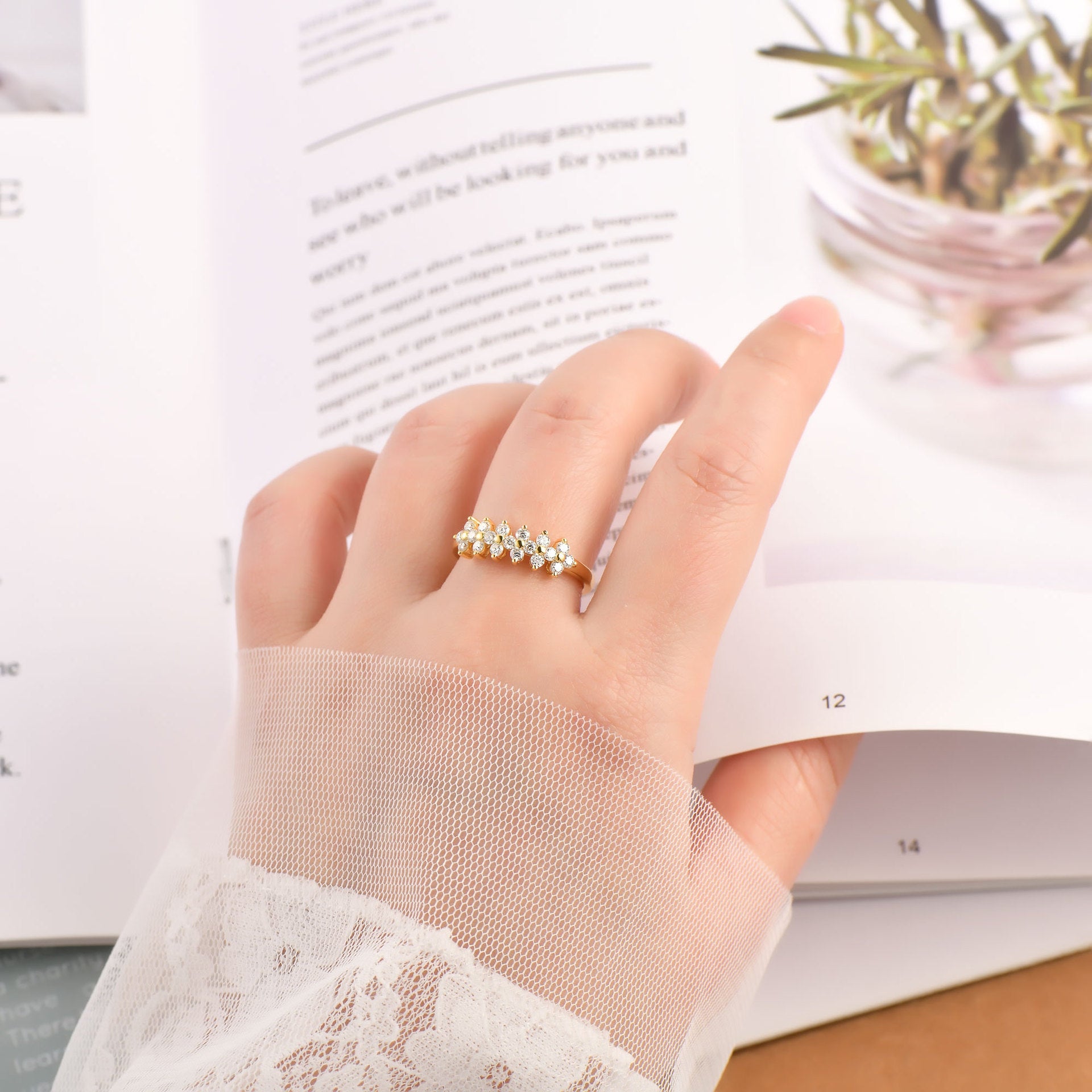 Four Leaf Clover Micro 0.6 Carat Moissanite Diamond Ring set in 18K Gold Plated 925 Silver (GRA)