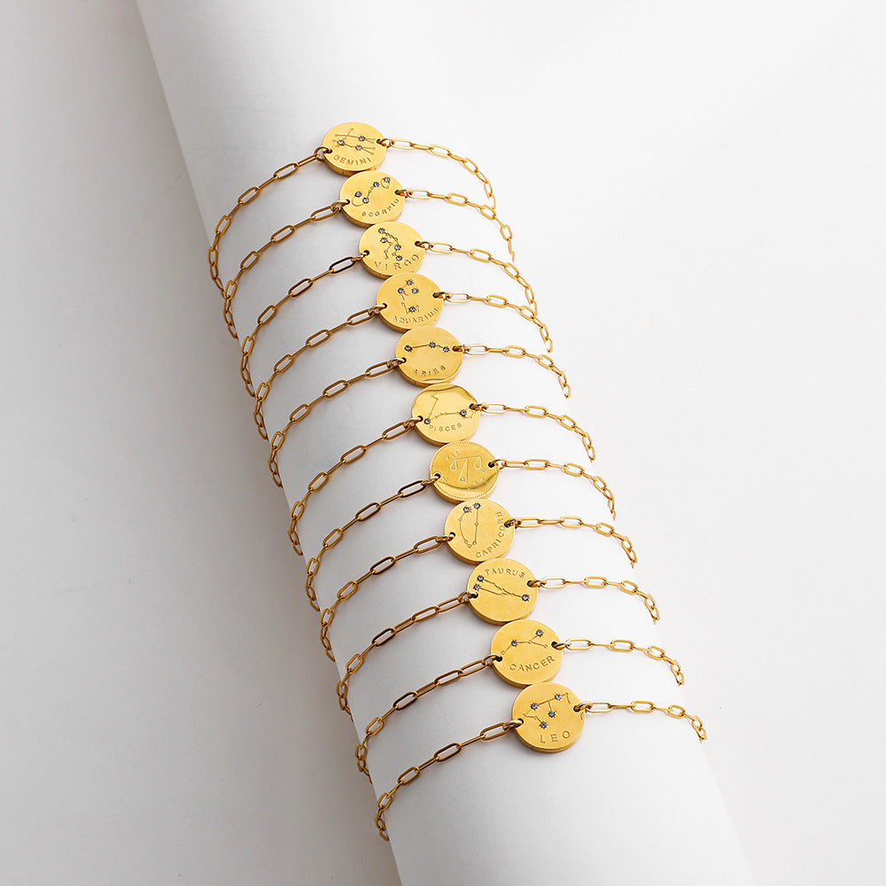 Twelve Constellation Stars Signs Micro Inlaid Natural Zircon Bracelet set in 18K Gold Plating