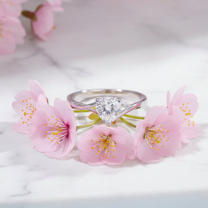 Italian Twin Hearts Solitaire Ring 0.5 Carat Moissanite set in 18K White Gold plated 925 Silver (GRA) Capella Jewellery