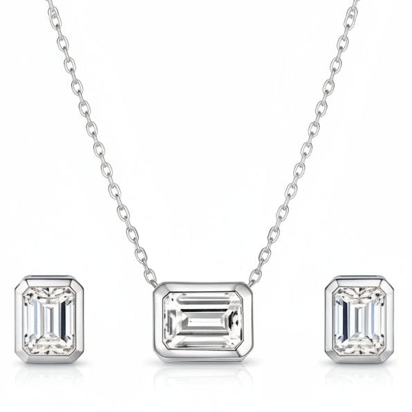 French Princess Cut Moissanite 1ct Necklace / 2ct Earrings in 18K White Gold plated 925 Silver (GRA) Capella Reya pic 1