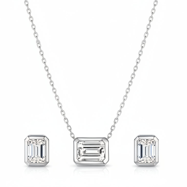 Princess Cut 1 Carat Moissanite Diamond Necklace & Earrings set in 18K White Gold 925 Silver