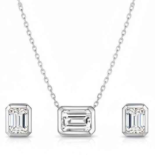 French Princess Cut Moissanite Diamond 1ct Necklace / 2ct Earrings in 18K White Gold plated 925 Silver (GRA)