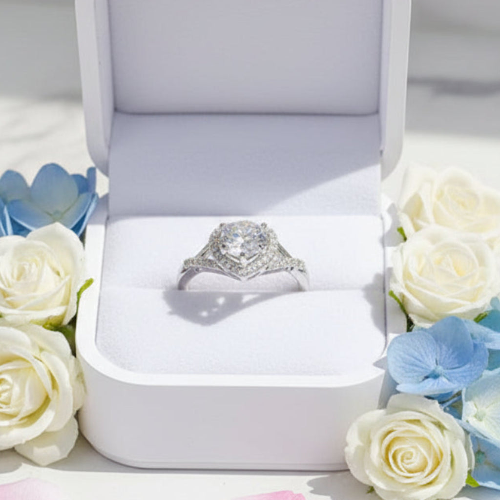 Italian Heart Design 1 Carat Moissanite Diamond Ring set in Platinum Plated 925 Silver (GRA)