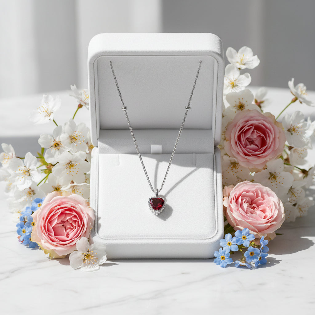 Red Heart Natural Zircon Pendant Necklace set in 18K Gold Plated 925 Sterling Silver
