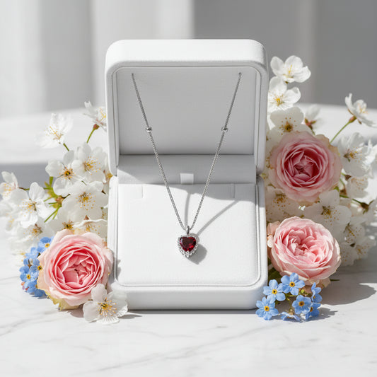 Italian Red Heart Natural Zircon Pendant Necklace set in 18K Gold Plated 925 Sterling Silver