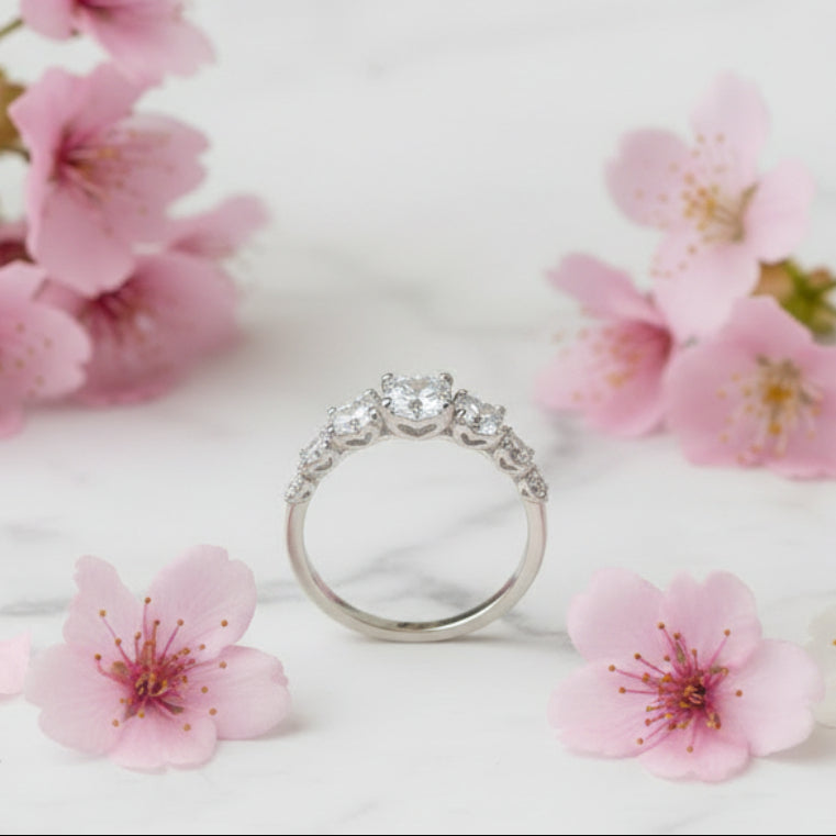 European Seven Stone 0.5 Carat Moissanite Diamond Ring set in Platinum Plated 925 Silver (GRA)